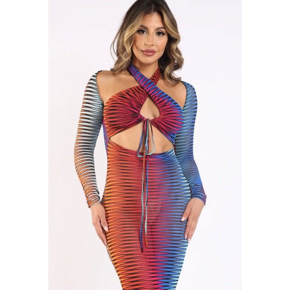 Women's Long Sleeve Printed Textured Mesh Halter Casual Sexy Midi Dress S, M, L - Picture 10 of 12